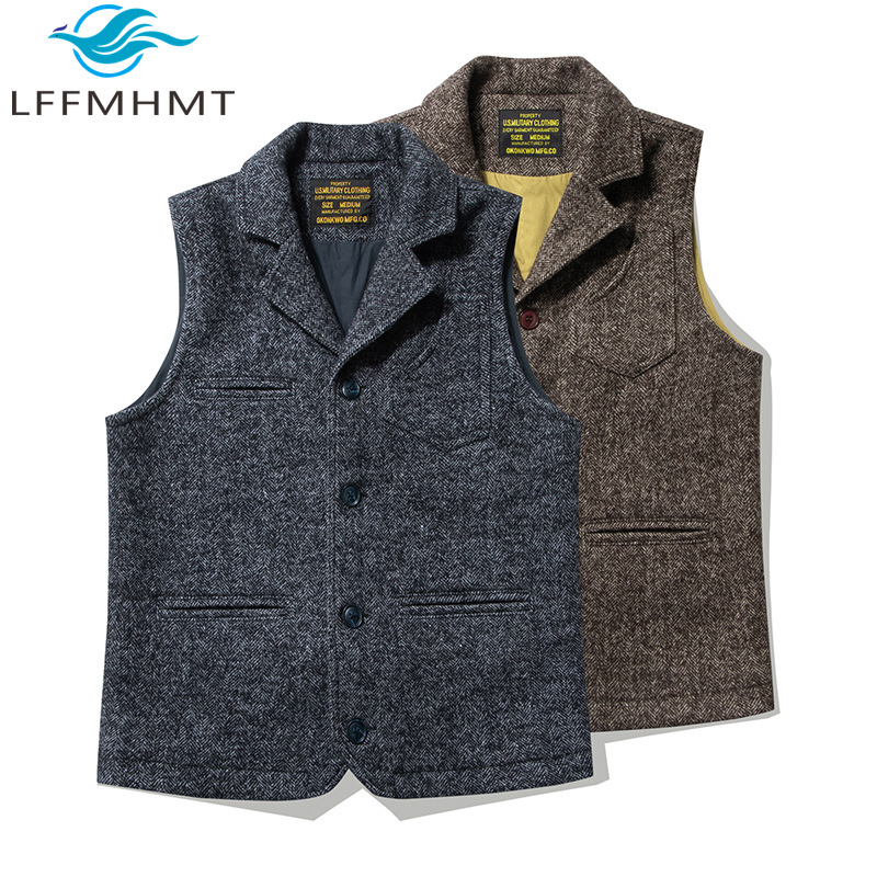 Leather Work Vest - Rompi Wol Tweed Retro Inggris Berkualitas