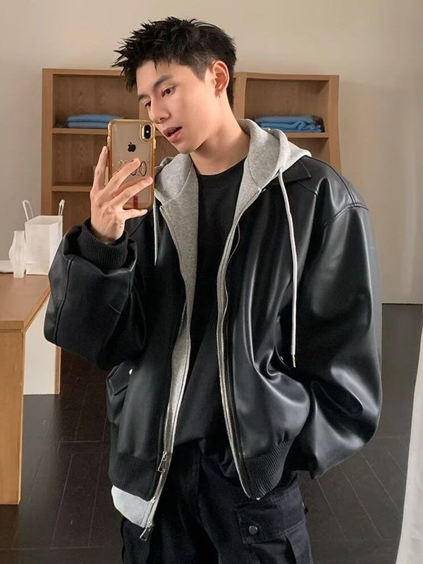 Leather Work Jacket - Jaket Kulit PU Pria Berkerudung Gaya