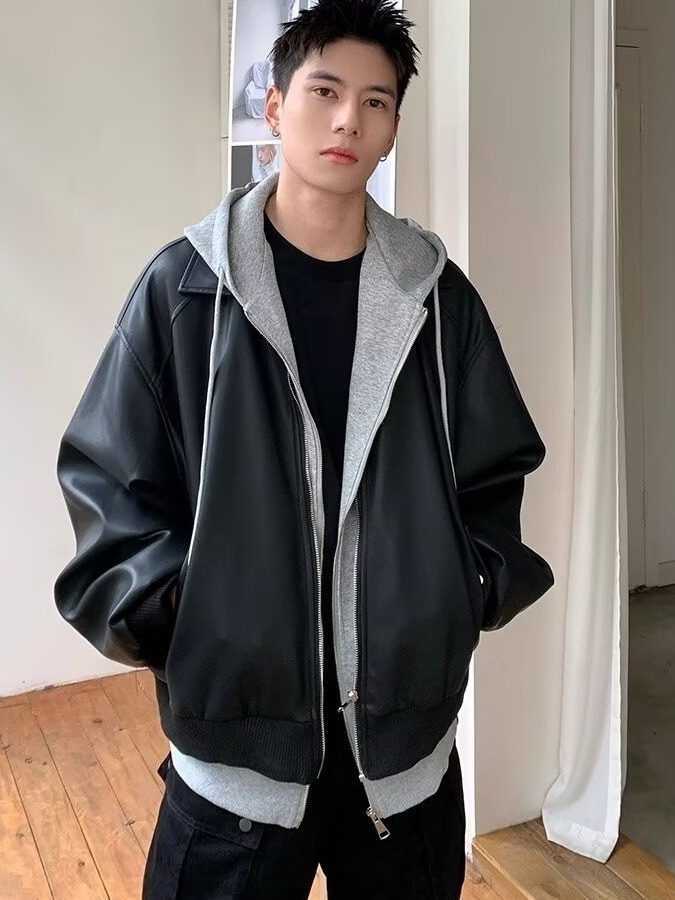 Jaket Kulit PU Pria Berkerudun - Leather Work Jacket ulasan dan harga