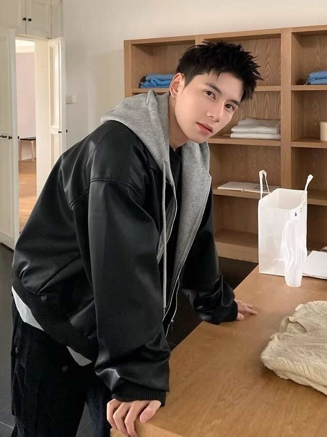 Jaket Kulit PU Pria Berkerudun - Leather Work Jacket ulasan dan harga